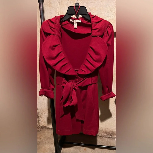 Fever Scalloped Dress Jacket Fabric Buttons Tie Belt Red Spandex blend Women's L - Picture 2 of 10